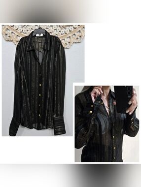 Frame Black & Gold Noir Lurex Stripe 100% Silk Sheer Button-Up Blouse